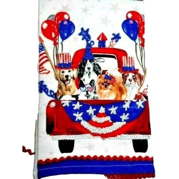 Stars & Stripes Puppy Parade Patriotic Kitchen Towels Dogs Red Truck 2-Piece - Picture 2 of 3